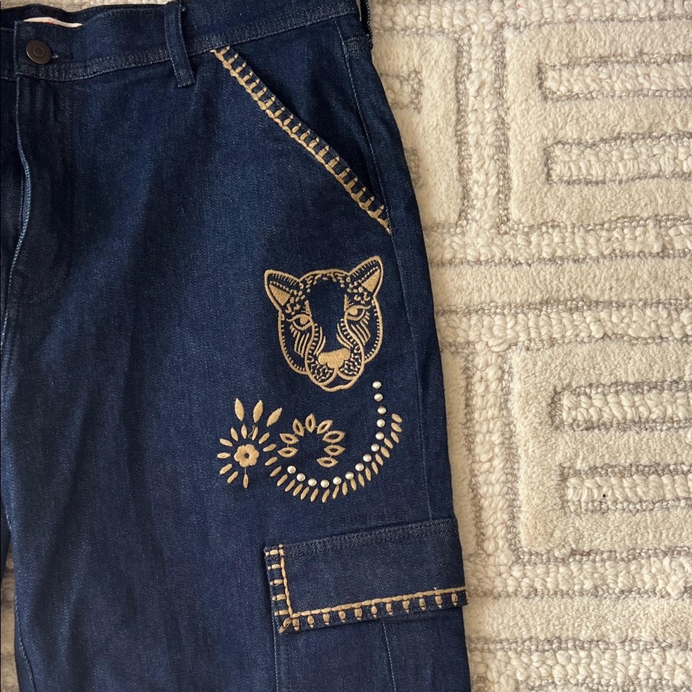 Johnny Was Dark Cargo Blue Jeans with  Patch detail - Picture 6 of 11